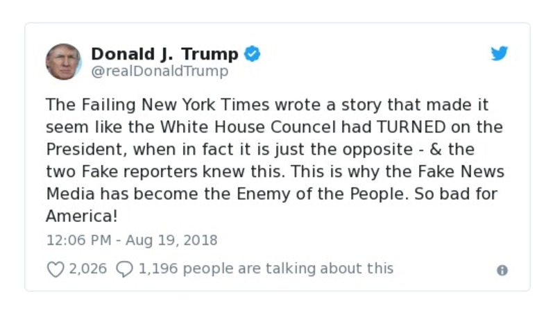 Donald J. Trump Aug 19, 2018 tweet