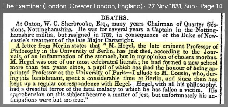 1831 press praising Hegel