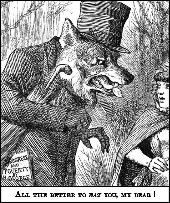 1879 Cartoon about Henry George Socialism - a wolf that will eat you