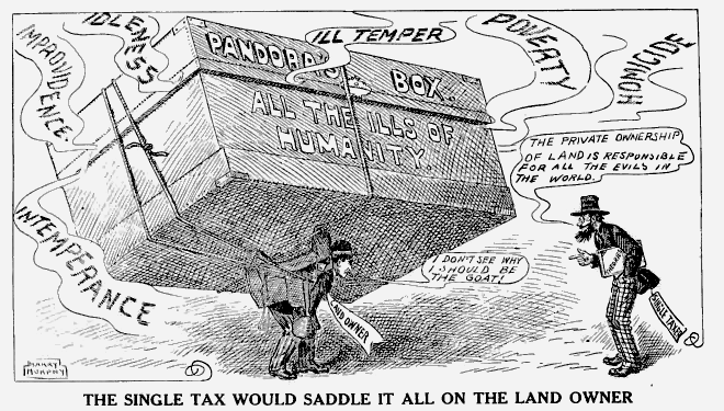 Cartoon criticizing Henry George's socialist single tax on landowners