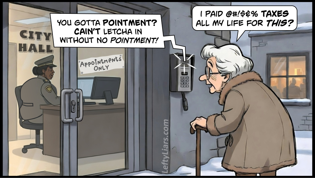 Cartoon of old lady locked out of City Hall